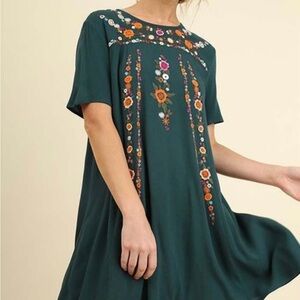 Umgee Green Mini Dress with Floral Embroidery